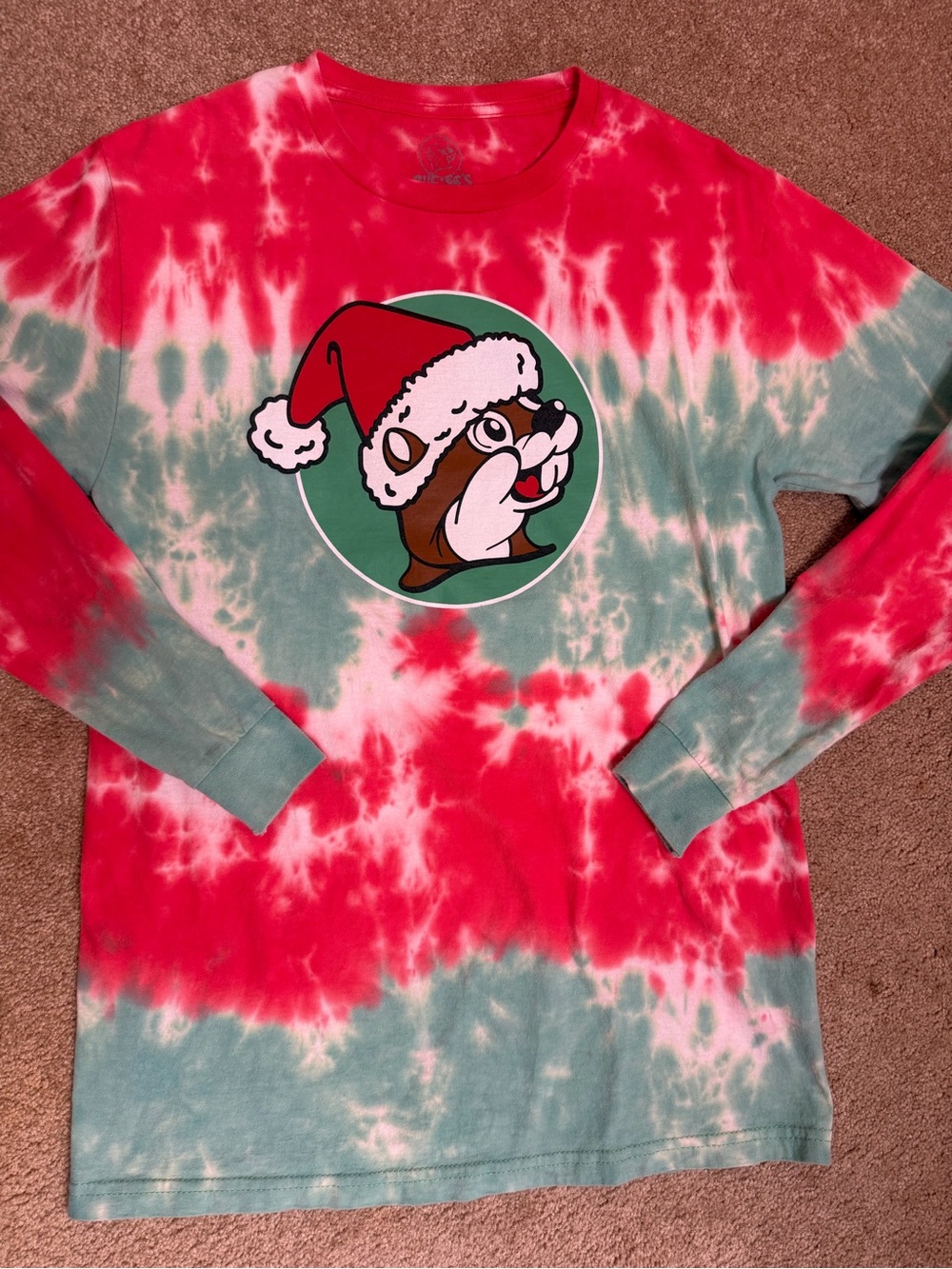 Adult Long-Sleeve Red & Green Tie-Dye T-shirt with Holiday Chipmunk Graphic